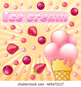 Sweet pattern with fruit ice-cream with strawberries and cherries and ice cream sign