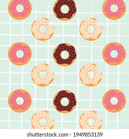 Sweet pattern with glazed donuts. Pink colors. Mint background donuts.