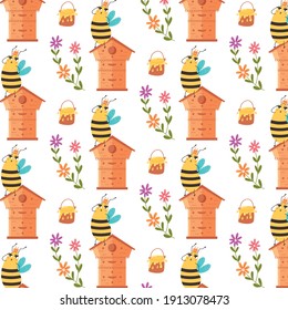 Sweet pattern honey queen bee. Childrens digital vector paper with yellow black striped insects