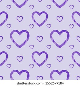 Sweet pattern with polygonal purple hearts. Seamless pastel ornament for cards, posters, invitations, scrapbook, wrapping paper, packets. Vector illustration