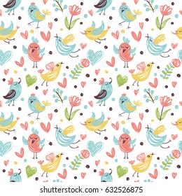 A sweet pattern with romantic birds and flowers in pastel colors.