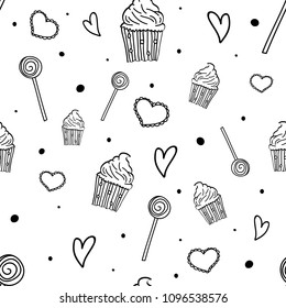 Sweet pattern. Seamless pattern with sweets, cupcakes and hearts. Hand drawn party background. Vector illustration.