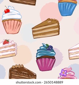Padrão doce com doces, bolos e bolinhos. Desenho de mão, padrão vetorial com textura e cores interessantes. 