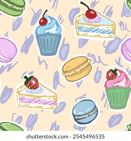 Sweet pattern with sweets, macaroons, and cupcakes. Hand draw, vector pattern with texture and interesting colors.