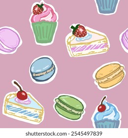 Sweet pattern with sweets, macaroons, and cupcakes. Hand draw, vector pattern with texture and interesting colors. 