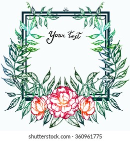 Sweet pea, camellia. Ink. Handmade. Beautiful card for you. Leaves. Wreath of flowers. Invitation, t-shirt print,scrapbooking. green and pink