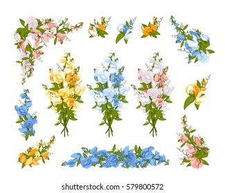 Sweet pea (Lathyrus odoratus) - flowers bouquet. A set of yellow, pink, white and blue flowers in bouquets and compositions for your design. Hand drawn vector illustration.