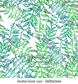 Sweet pea. Seamless pattern. Ink. Handmade. Leaves. t-shirt print, Invitation, scrapbooking. white background. Green