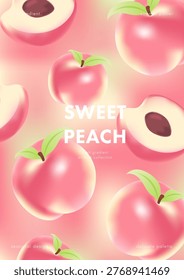 Sweet peach background with whole and sliced fruits floating on a glossy pink mesh gradient backdrop. Soft juicy composition with creamy blur and fresh highlights for summer packaging and promos.