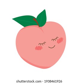 Sweet peach. Funny fruit character. Emotions. Fruit emoticon. Kawaii. Vector flat illustration.