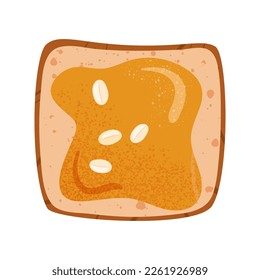 Sweet peanut butter toast. Open sandwich with oily topping and fried peanut on grilled square bread. Breakfast healthy protein food. Flat vector illustration isolated on white background