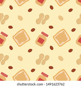 Sweet peanut ornament. Seamless pattern with toast, peanut butter jar, kernels and nutshells. Usable for posters, banners, cards, product packaging, wrapping paper. Cute vector illustration