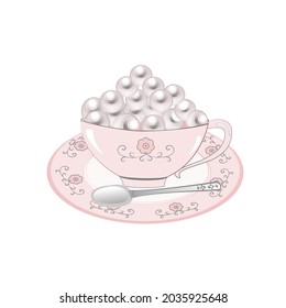 So sweet pearls in the cup and plate isolate on white background. Concept vintage space for your text,your business. Vector illustration.