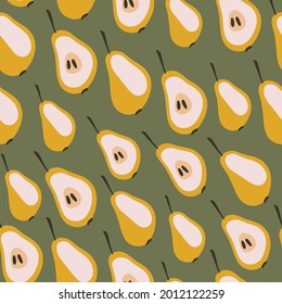 Sweet pears seamless pattern, yellow pears on a dark background.