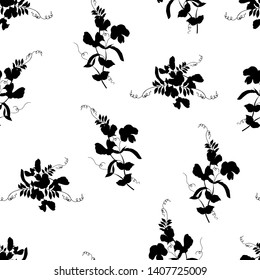 Sweet peas, silhouettes, seamless pattern. Vector illustration.