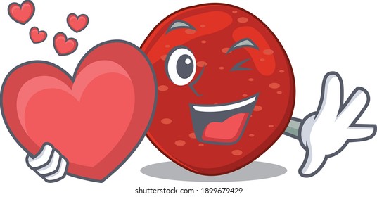 A sweet peperoni cartoon character style holding a big heart. Vector illustration