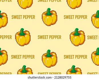 Sweet pepper cartoon character seamless pattern on yellow background.Pixel style