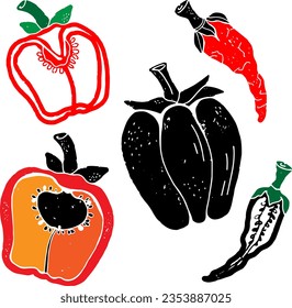 Sweet pepper and chili. Texture graphic elements. Vector set, collection.