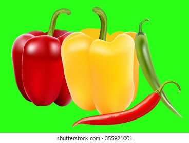 Sweet pepper and chili, vector illustration, isolated on green