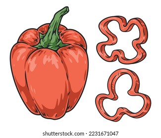 Sweet pepper colorful set stickers delicious organic bell paprika whole and sliced with healthy gourmet health vitamins vector illustration