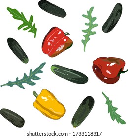 Sweet pepper cucumber and rucola or arugula plants and vegetables vector seamless pattern illustration vegetarian design 