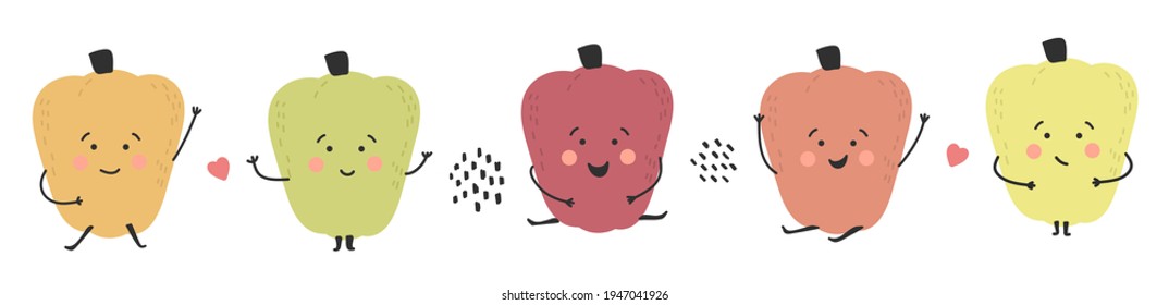 Sweet pepper. Cute smiling childish character set. Healthy vegetables on white background. Vector illustration.