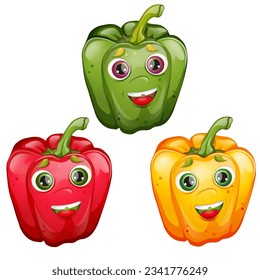 Sweet pepper with eyes. Funny cartoon vector character. Red, green and yellow sweet peppers isolated on white background