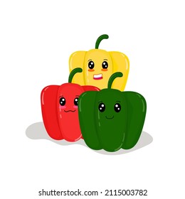 sweet pepper, red, green, yellow cute paprika kawaii, isolated on white background