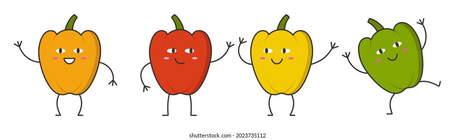 Sweet pepper red yellow green orange character cartoon face smiling happy emotions icon logo vector illustration.