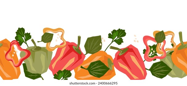 Sweet pepper seamless border background, hand drawn trendy vector illustration isolated on white background. Bell pepper loopable frame for food labels and kitchen textile.