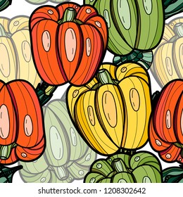 Sweet pepper seamless pattern on white background. Vector illustration for ads, menu and web banner designs. Organic and healthy food concept.