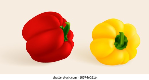 Sweet pepper set of vegetables of bell pepper. Red, green and yellow paprika. Whole Bulgarian pepper and half. Vector illustration.