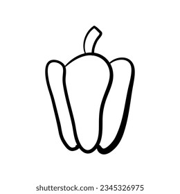 Sweet pepper with a stalk. Single hand drawn vector illustration. Monochrome sketch illustration of a vegetable on a white background. Isolated object for your design.