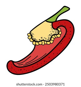 Sweet peppers flat. Harvest ripe vegetables garden. Hot spices. Sliced bell pepper. Fresh fruit. Hand drawn vector doodle illustration.