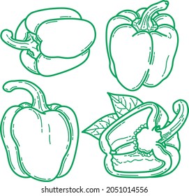 Sweet peppers in green line-art, graphic style, whole pepper and cut half