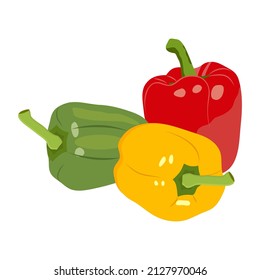 Sweet peppers. Set of three peppers. Yellow, red and green peppers. Vector illustration 