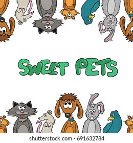 Sweet pets seamless template for text. Cats, dogs, rats and parrots as a frame