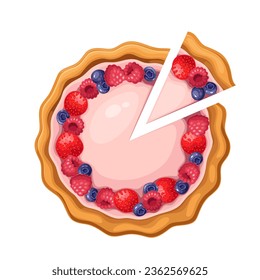 Sweet pie with berry, top view vector illustration. Cartoon isolated baked round tart with raspberry, blueberry and crust, whole homemade cake and cut pie slice for serving dessert at home or cafe