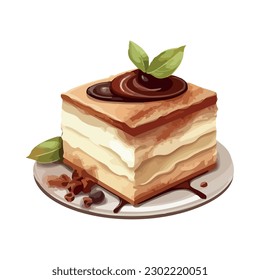 Sweet pie with chocolate sauce and mint leaf icon isolated