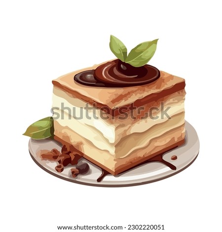 Sweet pie with chocolate sauce and mint leaf icon isolated