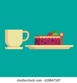 Sweet pie and cup.  Good for menu design. Flat icon. Vector illustration