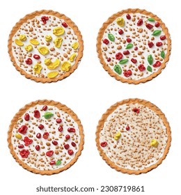 Sweet pie with delicious filling, babal gam, cookies, juicy pepper, pine nuts in an isolated white background 3D vector graphic

