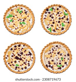 Sweet pie with delicious filling, mint, pear, plum, dried prunes in an isolated white background 3D vector graphic

