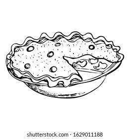 Sweet pie on the plate isolated on white background. Happy Thanks giving day vector hand drawn illustration. Black and white outline sketch in vintage style for menu,  restaurant, recipe.