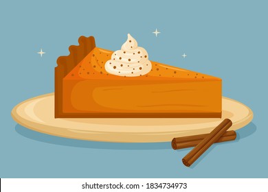 Sweet piece of pumpkin pie with cinnamon. Happy Thanksgiving day. Design for Holidays invitation card, poster, banner, postcard, print. Vector illustration.