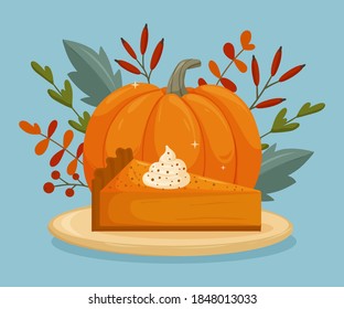 Sweet piece of pumpkin pie with cinnamon. Happy Thanksgiving day. Design for Holidays invitation card, poster, banner, postcard, print. Vector illustration.