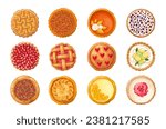 Sweet pies set vector illustration. Cartoon isolated top view of different baked delicatessen cakes for eating, homemade pastry or restaurant menu collection of whole shortcrust pie for dessert
