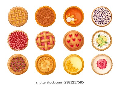Sweet pies set vector illustration. Cartoon isolated top view of different baked delicatessen cakes for eating, homemade pastry or restaurant menu collection of whole shortcrust pie for dessert