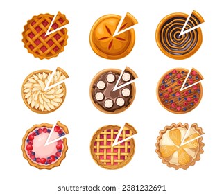 Pasteles dulces con rodajas ajustadas, ilustración vectorial de vista superior. Caricatura de panadería aislada de tartas sanas con diferentes embutidos, fruta cortada, chocolate o tartas de baya con trozos de porción