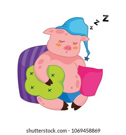 A sweet pig is asleep with a pillow. vector